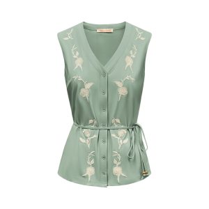 Triple Nine – Blouse cut sleeves with embroidery and cord – Sage green