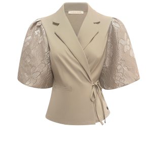 Triple Nine – Blazer short sleeves cross body with satin fabric – Beige