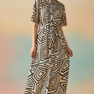 Batida cream line print jurk