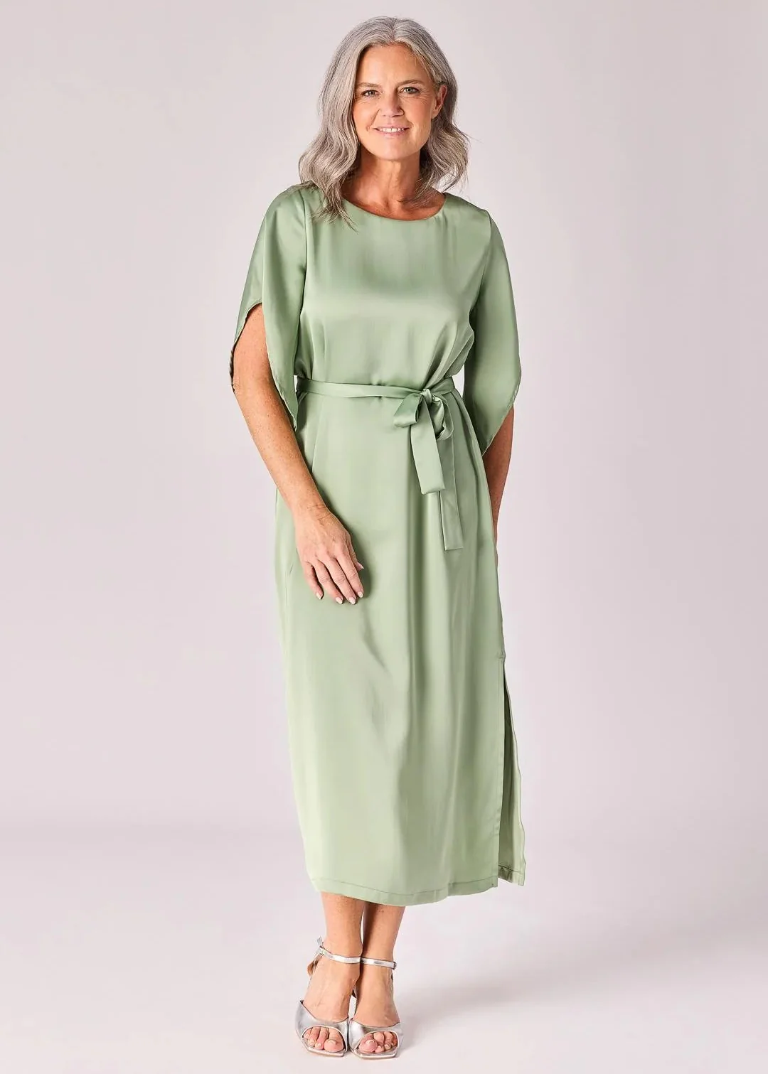 Lalotti Satijnen jurk met taillelint - Sage green - Afbeelding 2