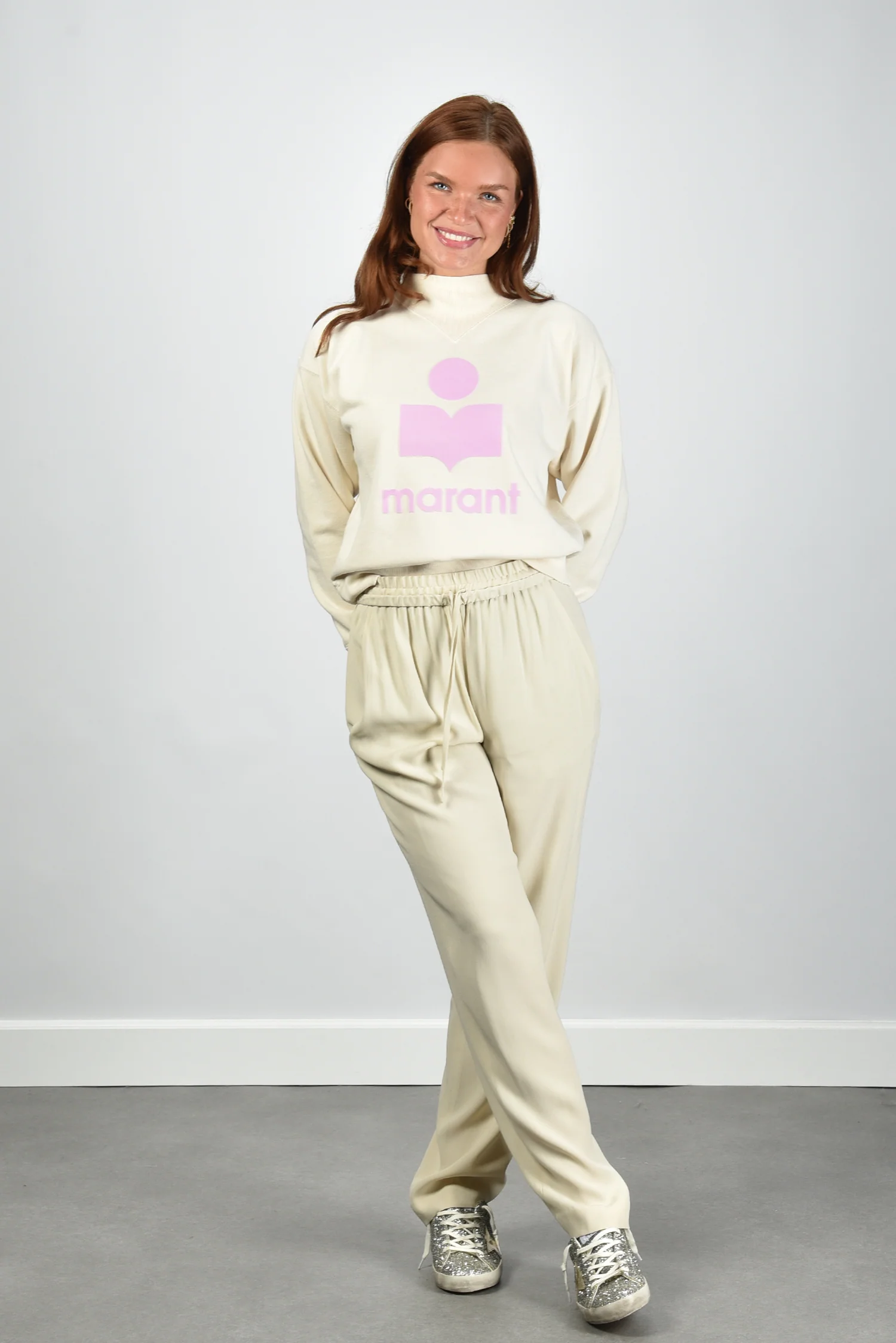 Marant Etoile trui Moby SW0003FA-D1M04E ecru/pink - Afbeelding 3