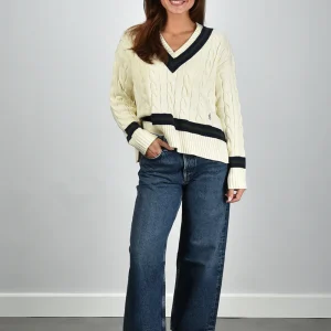 Sporty & Rich trui SRC Cableknit V-Neck WS06561302WH64 ecru/dark navy/forest