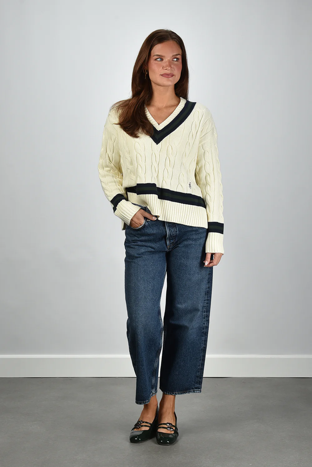 Sporty & Rich trui SRC Cableknit V-Neck WS06561302WH64 ecru/dark navy/forest - Afbeelding 5