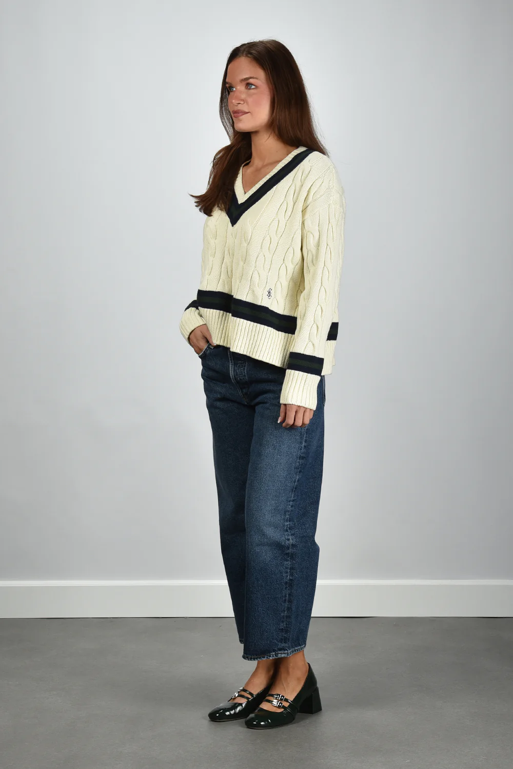 Sporty & Rich trui SRC Cableknit V-Neck WS06561302WH64 ecru/dark navy/forest - Afbeelding 6