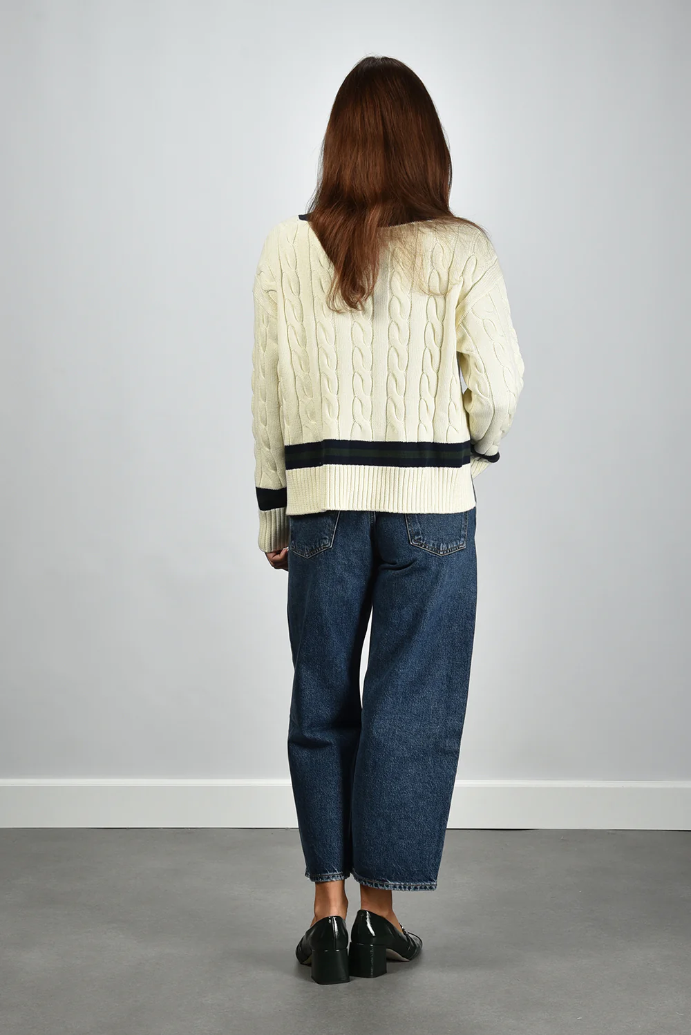 Sporty & Rich trui SRC Cableknit V-Neck WS06561302WH64 ecru/dark navy/forest - Afbeelding 8