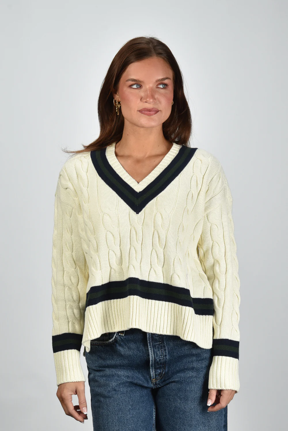 Sporty & Rich trui SRC Cableknit V-Neck WS06561302WH64 ecru/dark navy/forest - Afbeelding 9